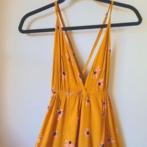 FAITHFULL THE BRAND Rayon Golden Yellow Floral Faux Wrap Maxi Slit Dress, Sz S